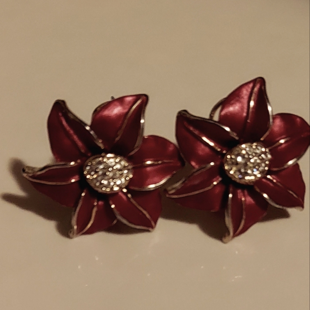 Poinsettia Earrings Crystals Goldtone Burgundy Colored Enamel